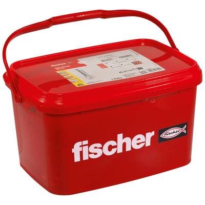 Boîte de rangement Fischer en plastique rouge avec une poignée de transport et un couvercle étiqueté, présentée sur un fond blanc.