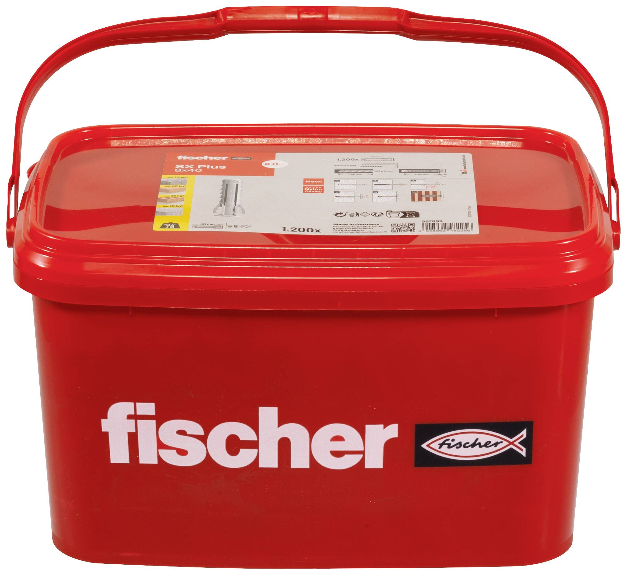 Un conteneur en plastique rouge avec le logo 'fischer', rempli de chevilles en nylon. Poignée de transport et étiquette avec informations sur le produit.