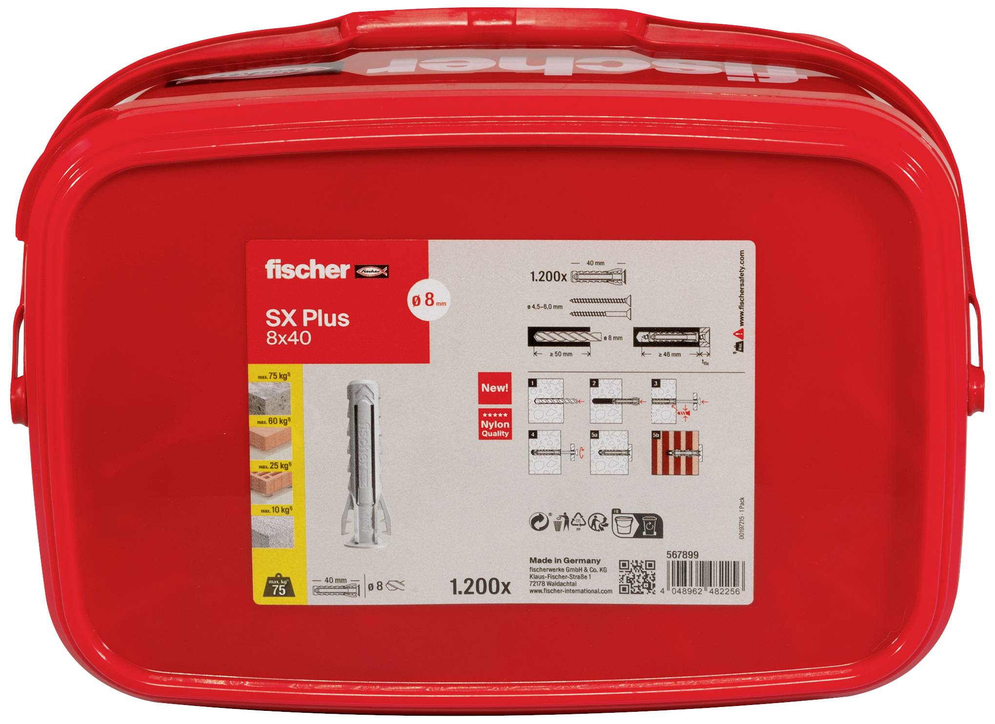 Rote Fischer SX Plus 8x40 Boîte, contient 1200 chevilles. La face avant présente l'application des chevilles et le mode d'emploi avec des illustrations.