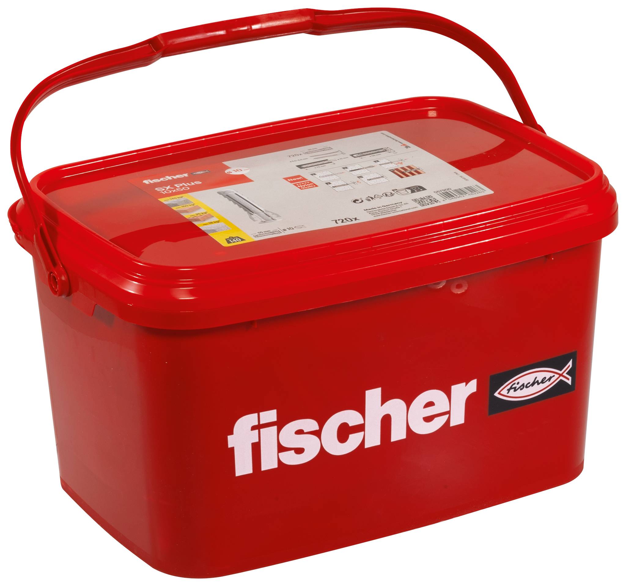Boîte de rangement avec couvercle à poignée en plastique rouge, marquée « fischer », présentée sur un fond blanc.