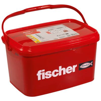 Boîte de rangement avec couvercle à poignée en plastique rouge, marquée « fischer », présentée sur un fond blanc.