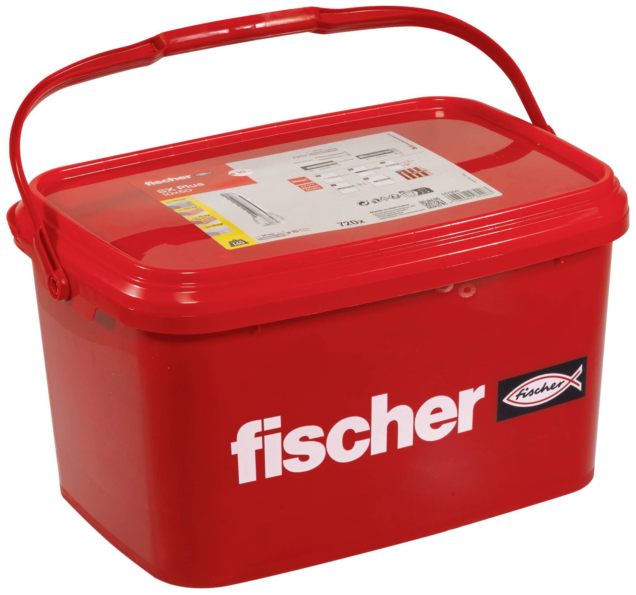 Seau rouge avec poignée, portant le logo 'fischer' sur le côté et une étiquette avec les détails du produit sur la face avant.