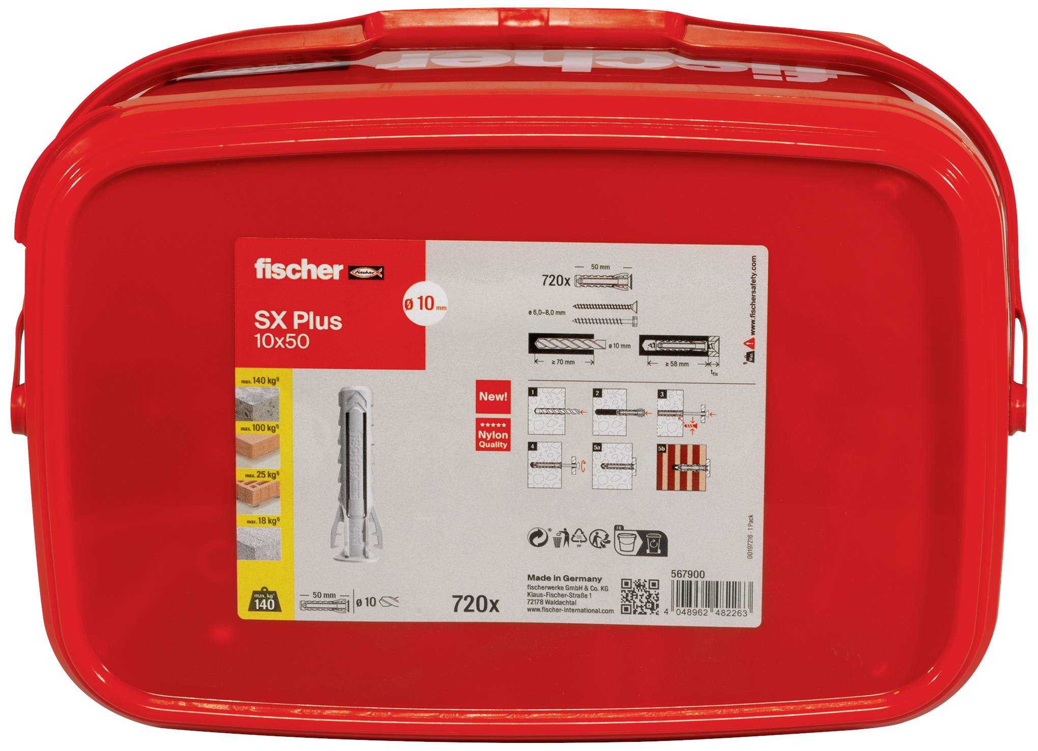Boîte en plastique rouge de 'fischer' avec l'impression 'SX Plus 10x50'. Les illustrations montrent les spécifications du produit et des exemples d'application.