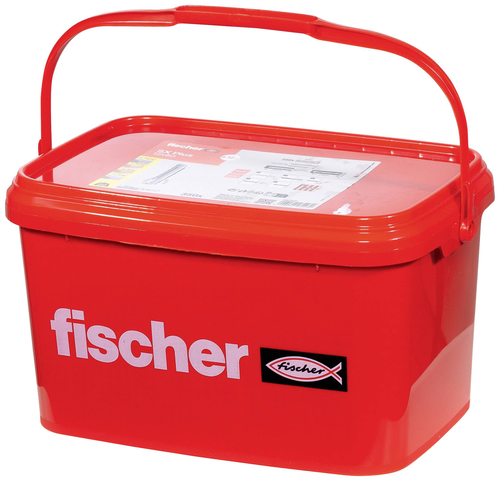 Seau rouge avec couvercle et poignée de transport, portant le logo 'fischer'. Contient divers types de chevilles selon l'étiquette sur le couvercle.