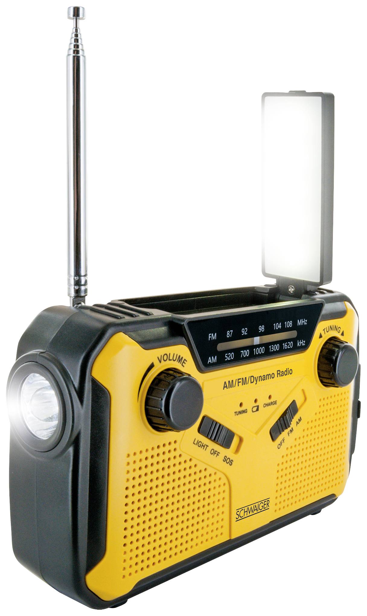 Un radio dynamo jaune AM/FM avec lampe de poche intégrée et contrôle de volume. Il dispose d'une antenne télescopique et d'un embout pour lampe.