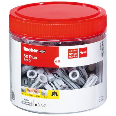 Pot de chevilles murales en nylon Fischer SX Plus 8x40, 80 pièces, avec couvercle rouge et étiquette produit.
