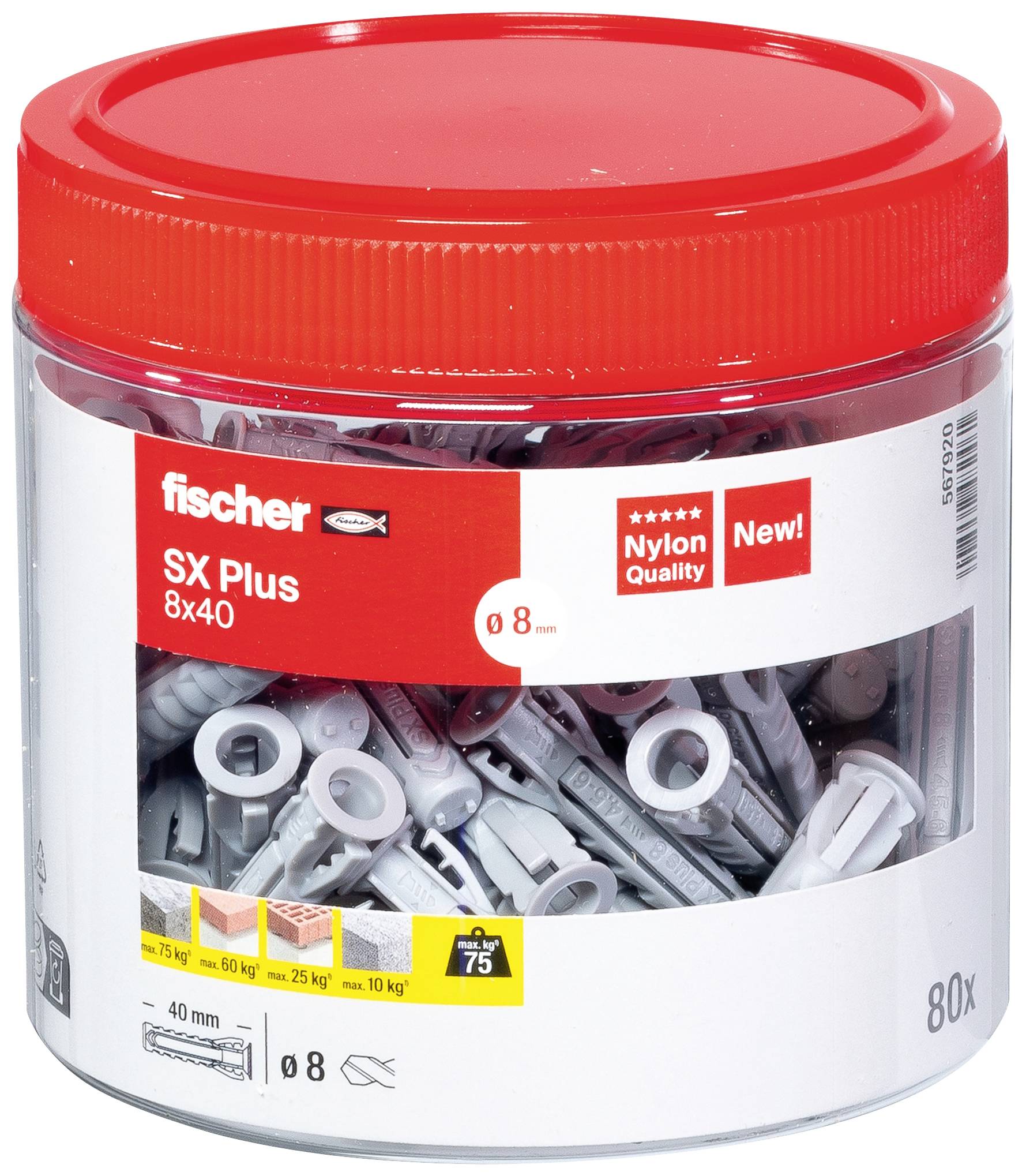 Une boîte rouge de chevilles Fischer SX Plus 8x40, capacité de 80 pièces, adaptée pour des charges allant jusqu'à 75 kg.