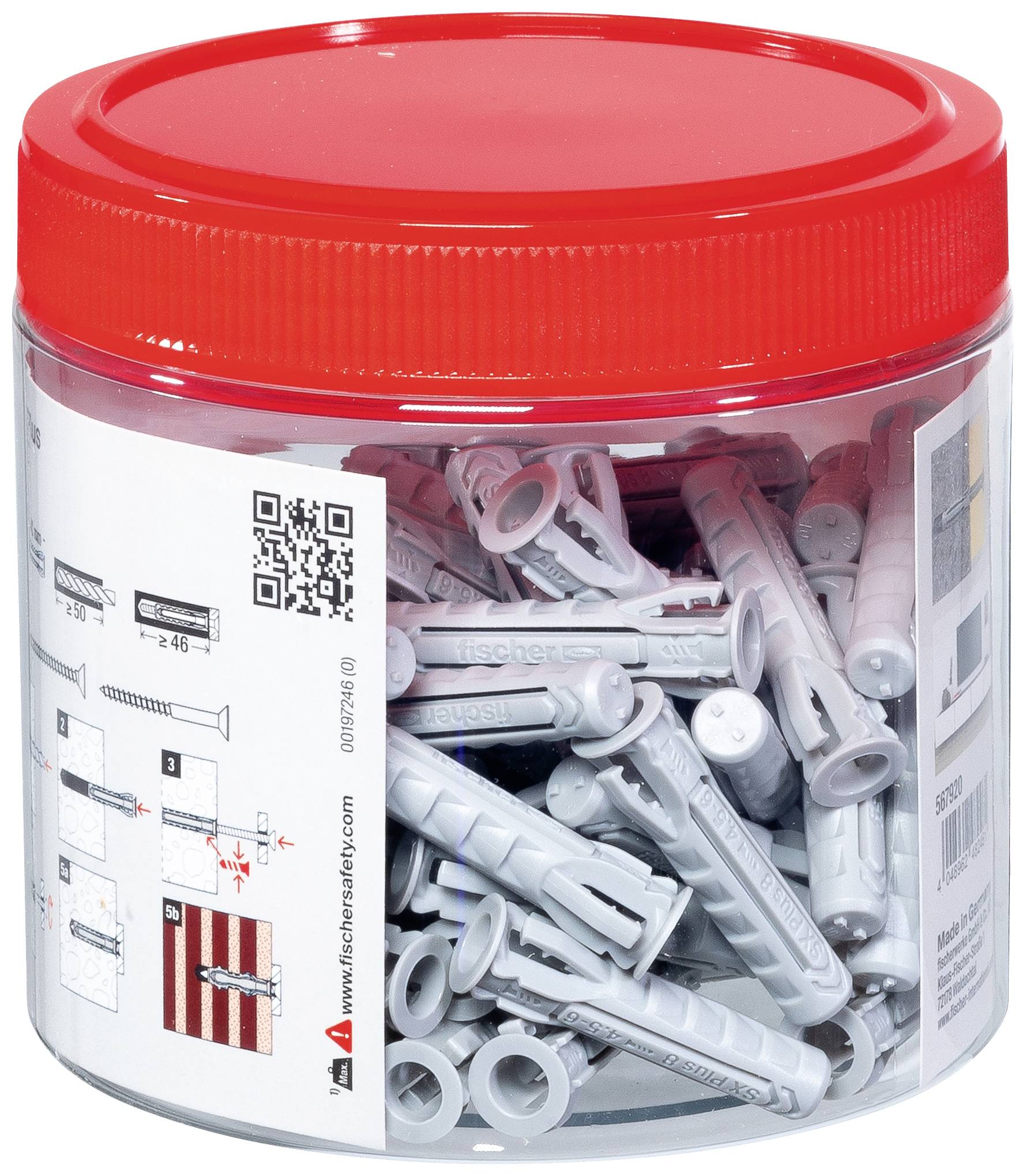 Une boîte rouge remplie de chevilles en plastique gris. Sur le côté se trouve un mode d'emploi illustré montrant comment visser correctement les chevilles.