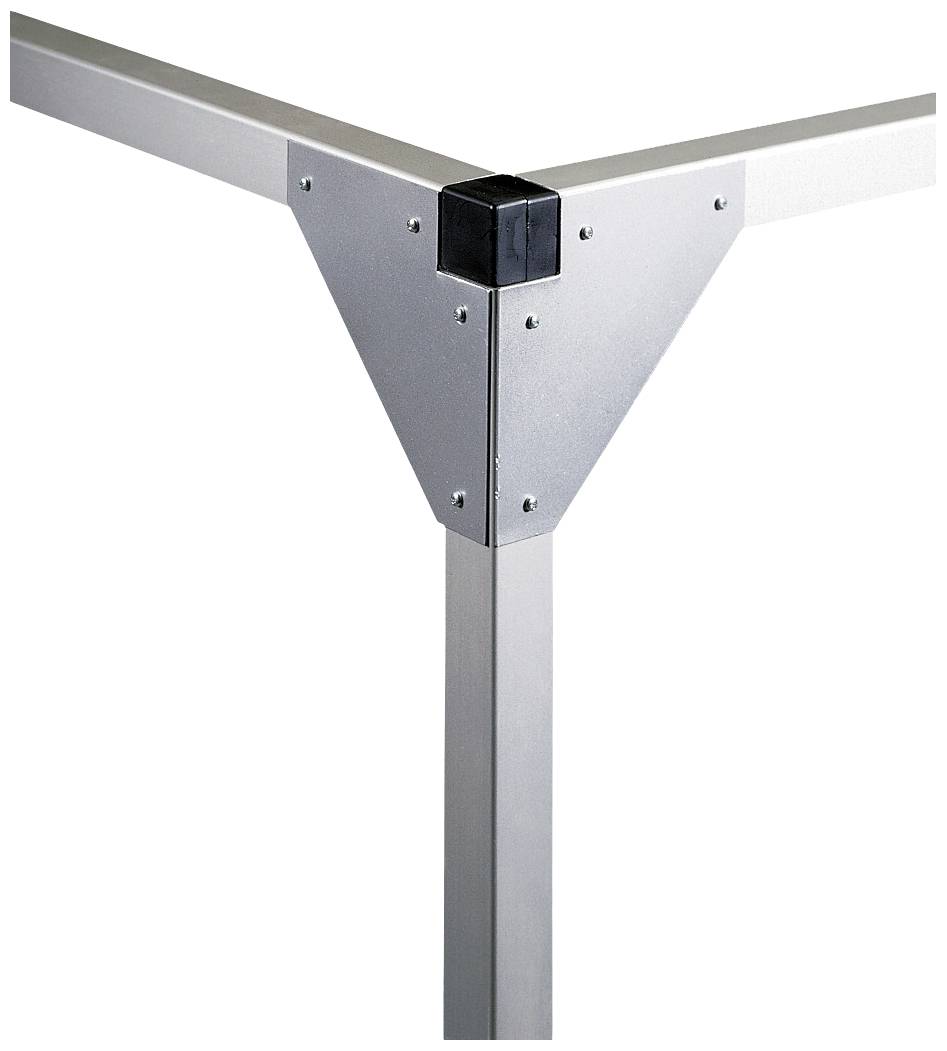 Connexion angulaire d'un châssis métallique en forme de L, composée de trois montants élancés en aluminium et d'un élément de jonction noir.