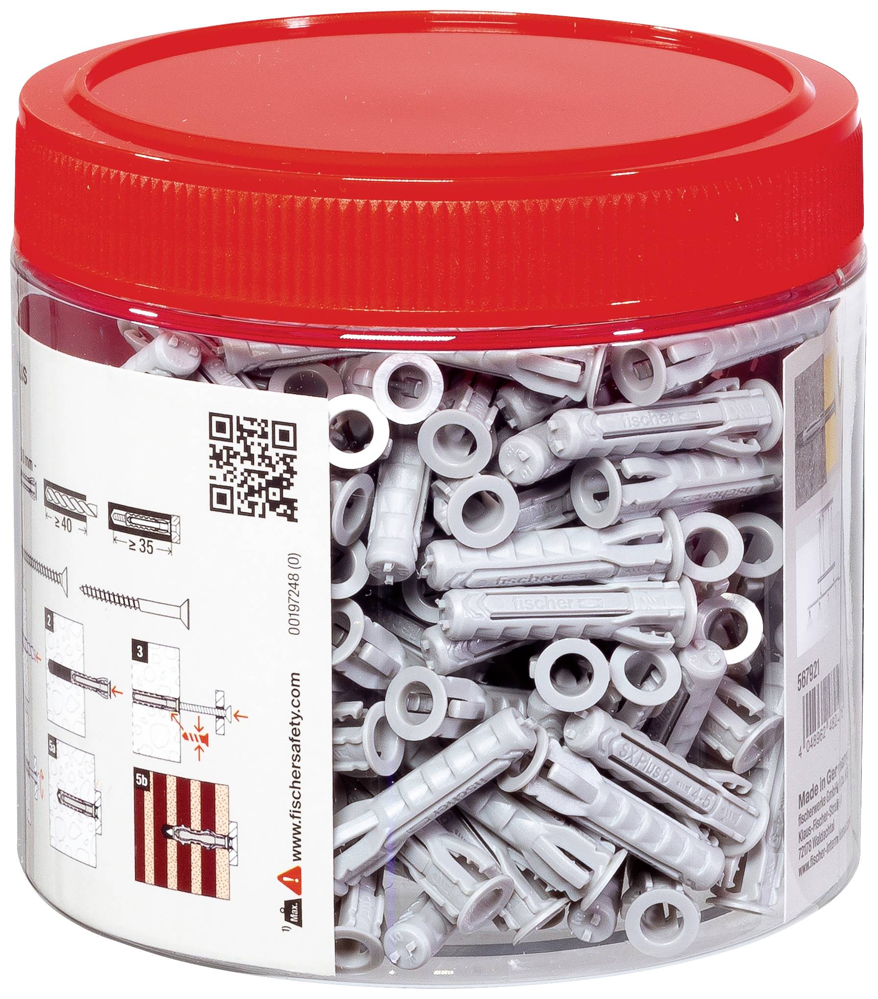 Chevilles en plastique dans un récipient cylindrique transparent avec un couvercle rouge. L'étiquette présente les étapes de montage et un code QR.