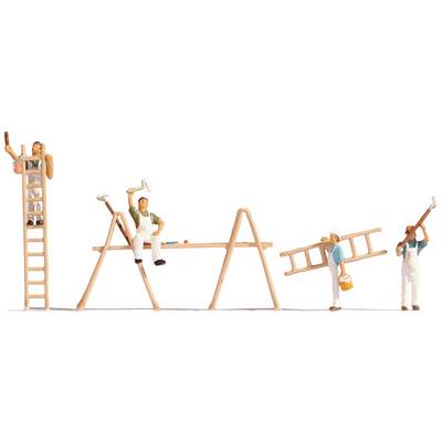 Quatre petites figurines peignent et rénovent ; deux sont sur des échelles et deux portent des outils. La scène représente des travaux de rénovation.