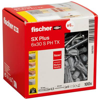 Boîte de chevilles murales Red Fischer SX Plus étiquetée « 6x30 S PH TX », contenant 100 chevilles en nylon et vis, pour trous de 6 mm.