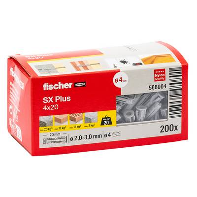 Boîte de chevilles murales en nylon Fischer SX Plus, taille 4x20, 200 pièces, avec indications de charge et étiquette produit visibles.