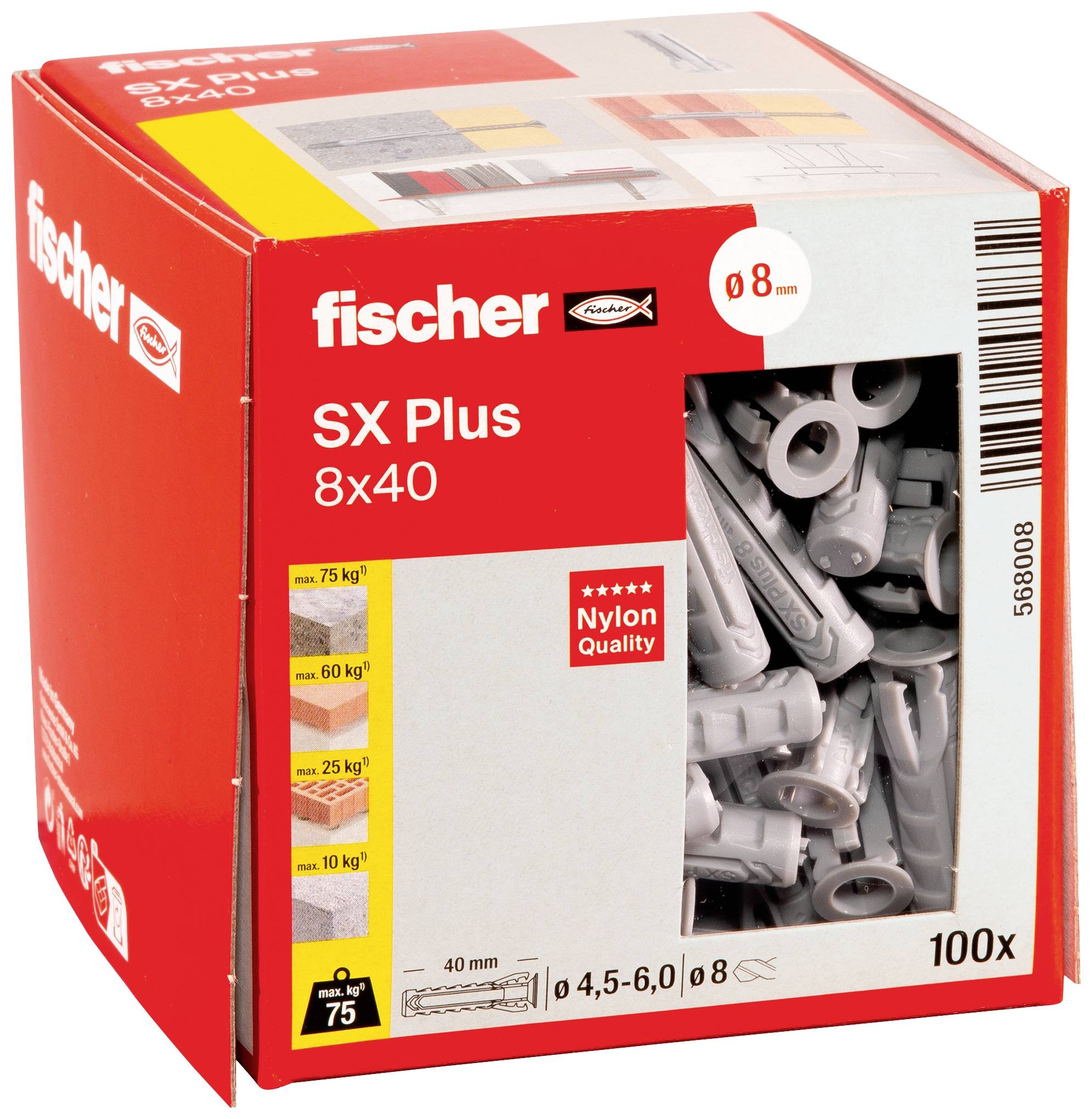 Boîte rouge avec chevilles grises de la marque 'fischer'. Inscription : 'SX Plus 8x40'. Convient pour 75 kg. Contient 100 pièces.