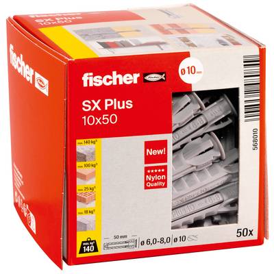 Boîte de chevilles murales Red Fischer SX Plus 10x50, montrant 50 chevilles en nylon gris pour trous de 10 mm.