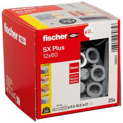 Boîte de chevilles murales en nylon Fischer SX Plus 12x60, paquet de 25, présentée dans un emballage rouge et blanc avec fenêtre produit.
