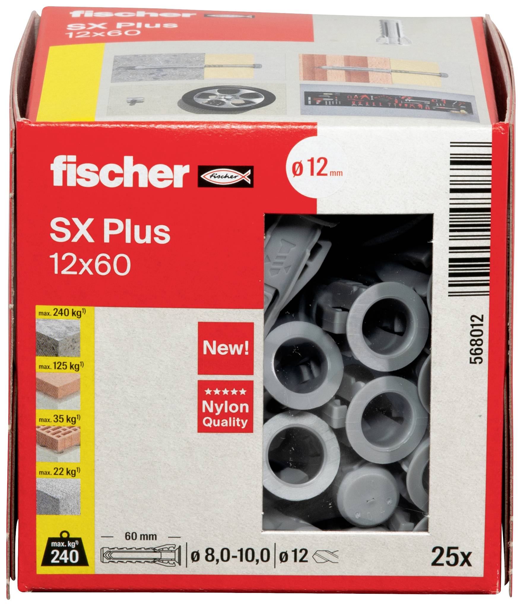 Emballage de chevilles Fischer SX Plus (12x60 mm). Contient 25 pièces. Adaptées pour des charges jusqu'à 240 kg lors de l'utilisation dans du béton.