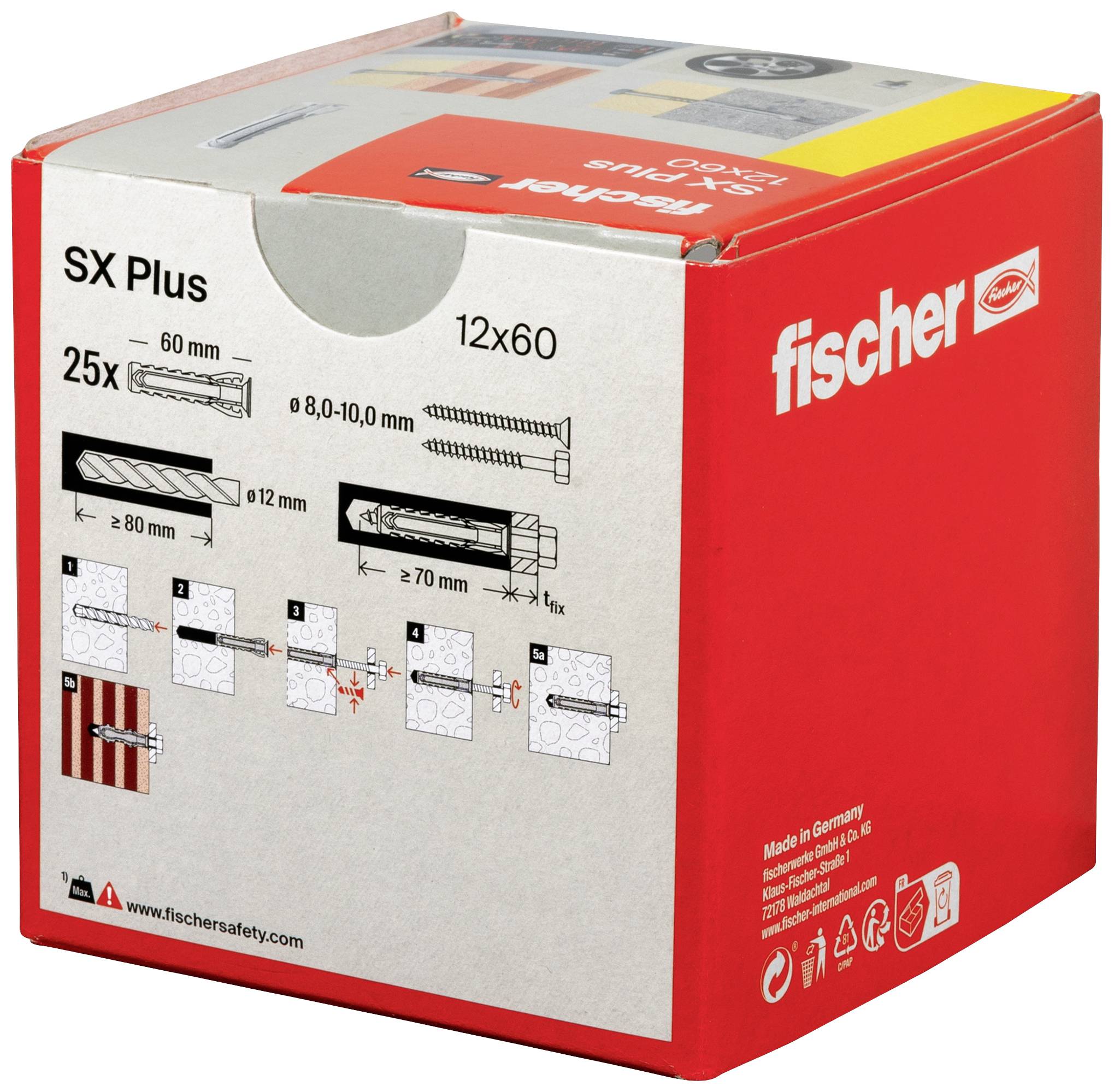 Emballage rouge de la marque Fischer contenant 25 chevilles et vis. Présente les étapes d'utilisation des chevilles SX Plus 12x60 mm.