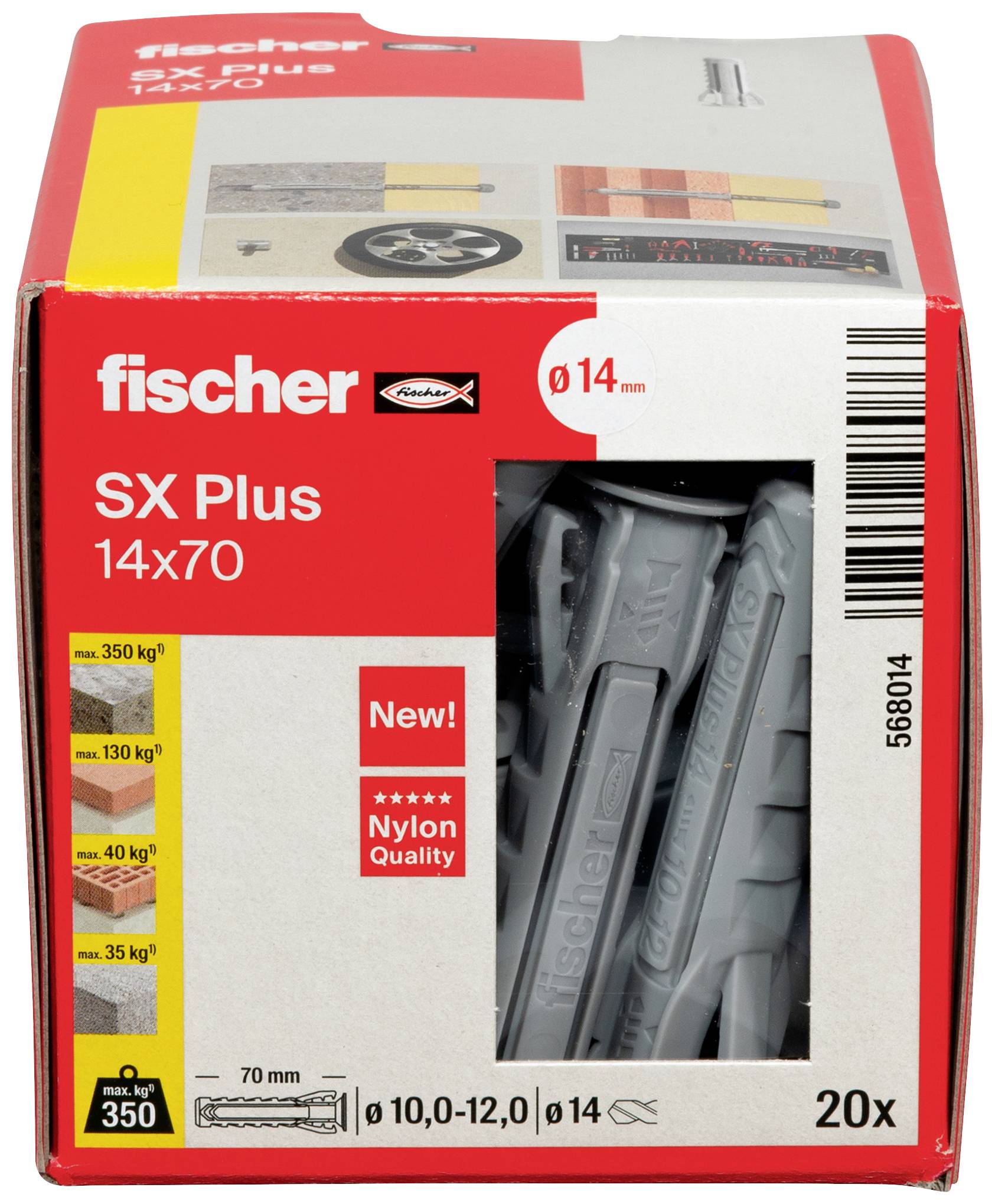 Boîte de chevilles Fischer SX Plus, taille 14x70 mm, adaptées aux charges allant jusqu'à 350 kg dans le béton. Contient 20 chevilles en matériau nylon.