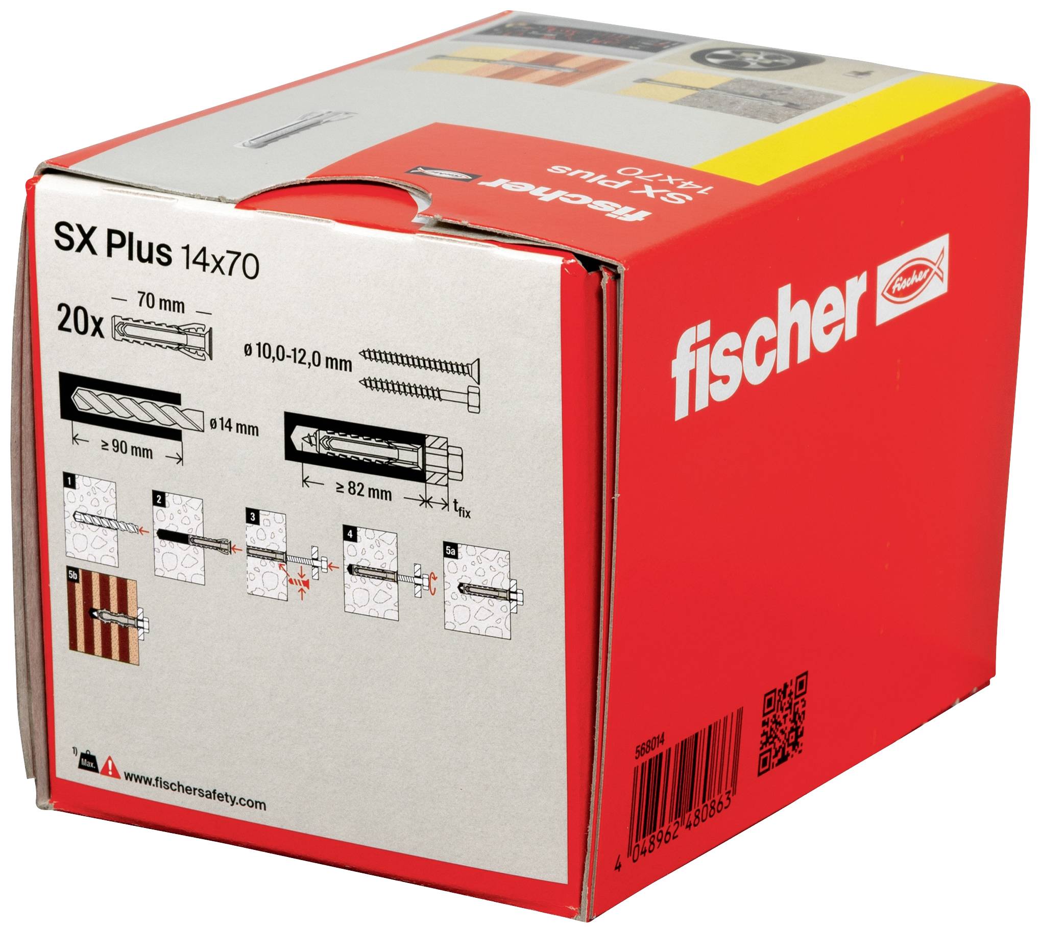Un emballage portant l'inscription 'fischer SX Plus 14x70', présentant différentes possibilités d'utilisation de chevilles, contenant 20 pièces.