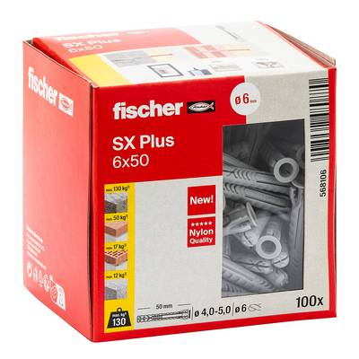 Boîte de chevilles murales Fischer SX Plus 6x50 en nylon, marquée 100 pièces et diamètre de forage 6 mm, présentée sur l'emballage du produit.