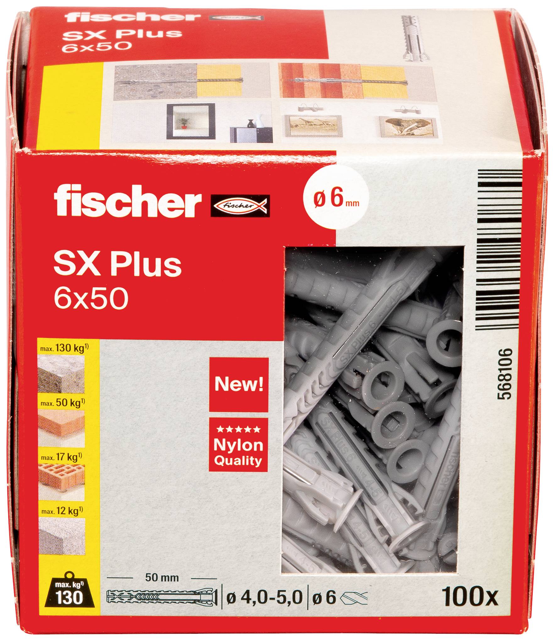 Emballage de chevilles Fischer SX Plus 6x50, qualité nylon, capacité de charge jusqu'à 130 kg selon le matériau. Contient 100 pièces.