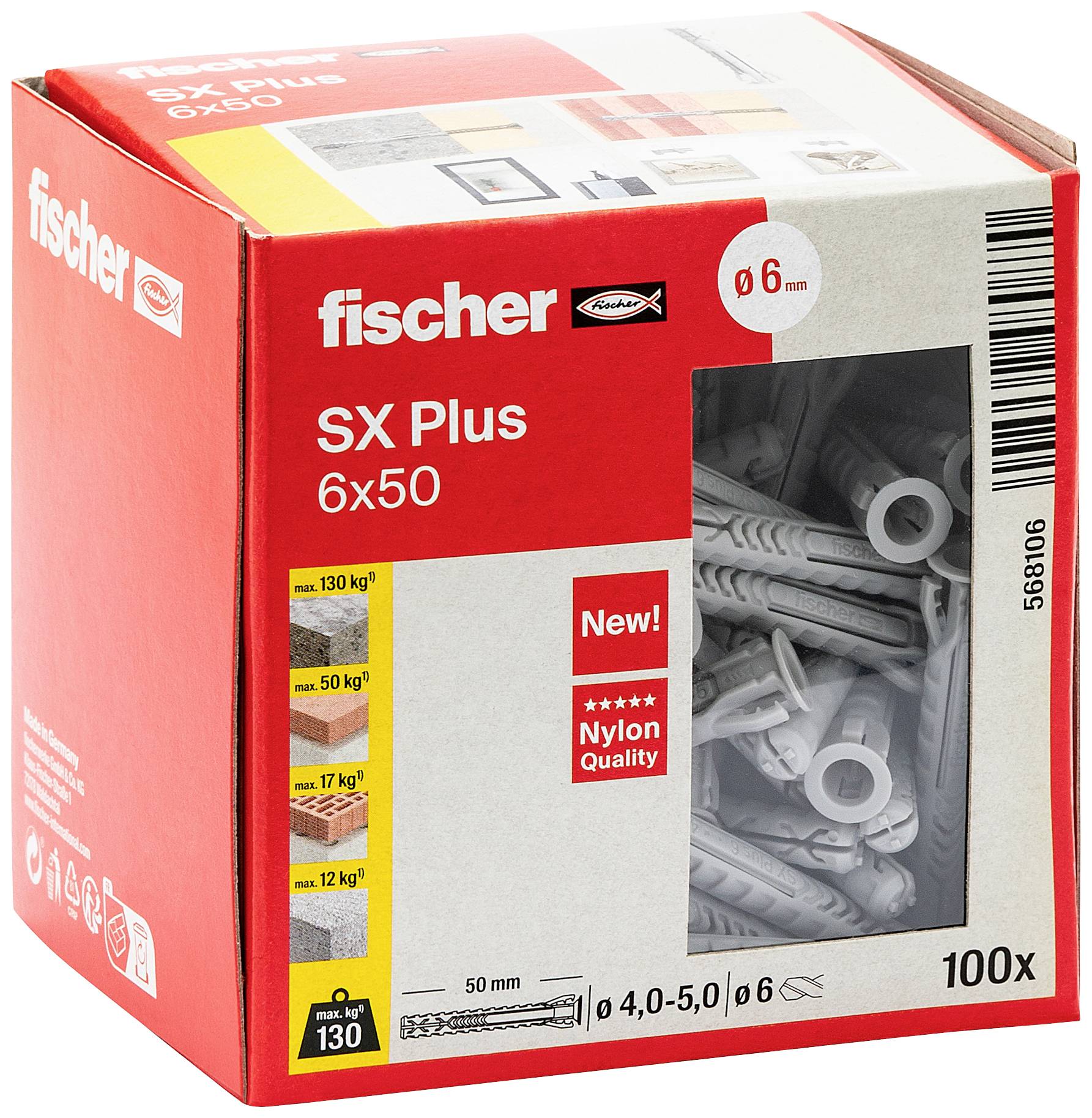 Une boîte rouge contenant des chevilles grises de la marque 'Fischer'. Inscription : 'SX Plus 6x50', convenant pour 50-130 kg. Contient 100 pièces.