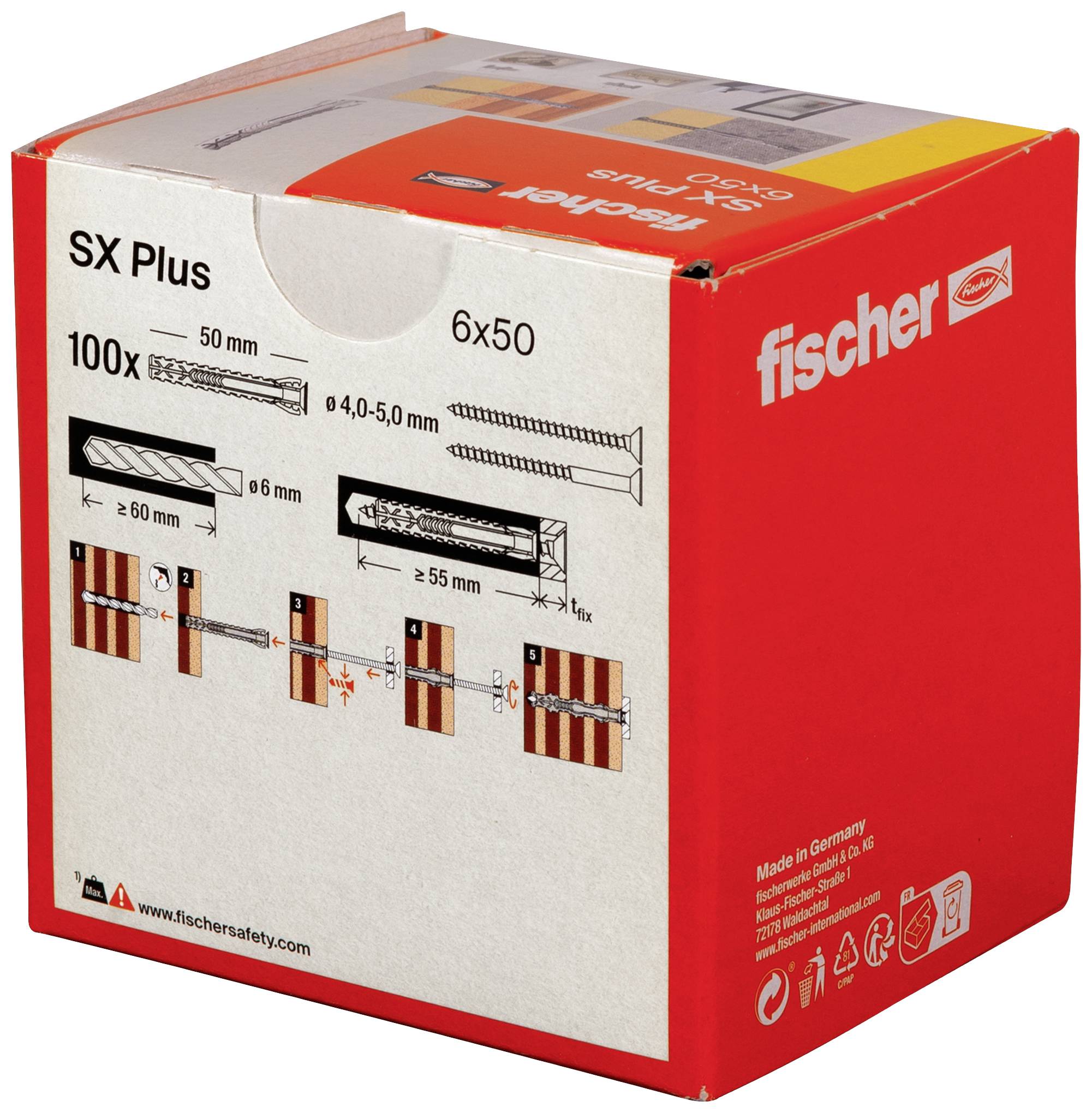 Boîte de 100 chevilles Fischer SX Plus 6x50 mm, avec indications d'utilisation et graphiques de montage pour différents matériaux de mur.