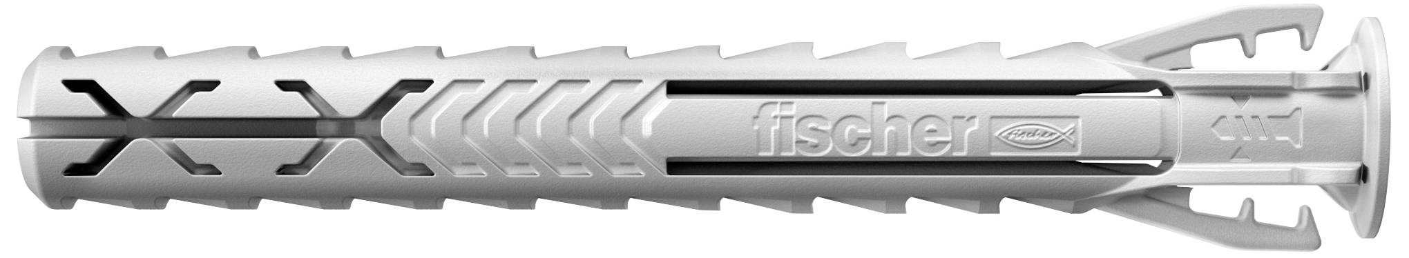 Un cheviller en plastique gris portant l'inscription 'fischer' avec des nervures latérales pour une meilleure fixation dans les trous de mur.