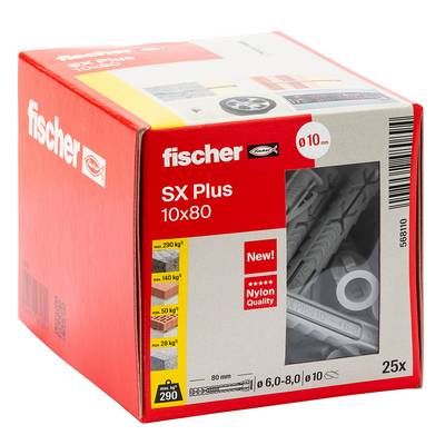 Boîte de chevilles murales en nylon Red Fischer SX Plus 10x80, étiqueté 25x et 10 mm, avec image du produit sur le devant.