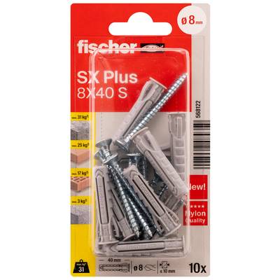Paquet de chevilles murales Fischer SX Plus et vis, 8x40 mm, 10 pièces, avec indications de charge maximale et icônes de diamètre de forage/cheville.