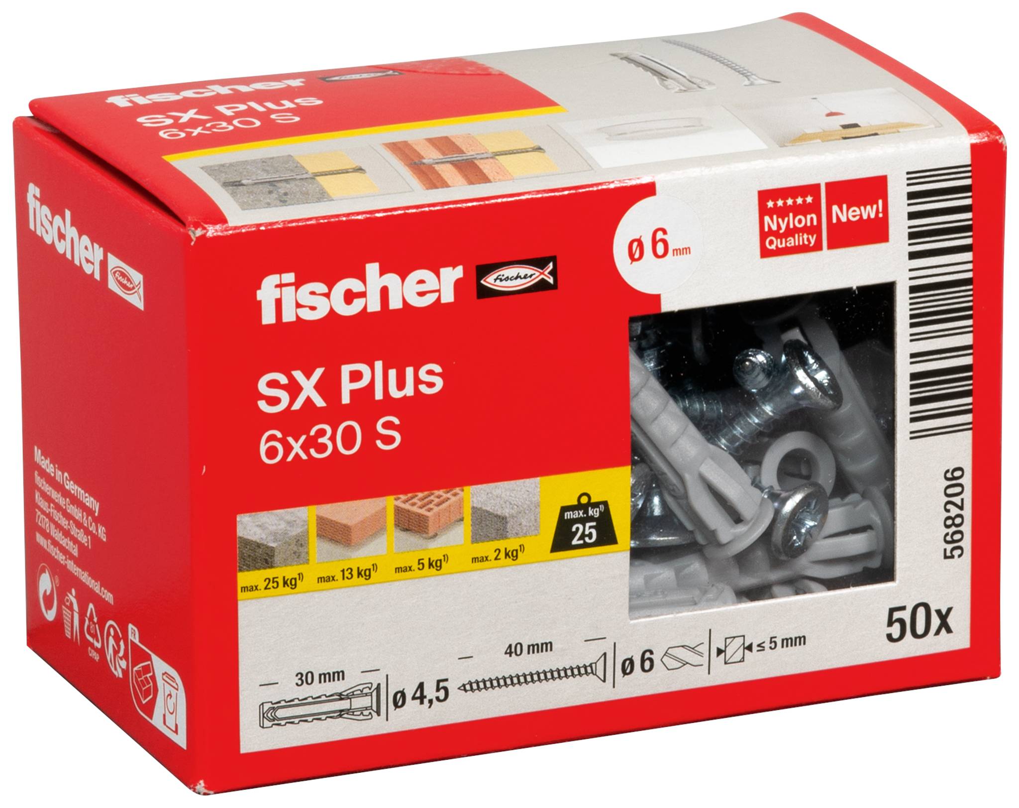 Boîte de chevilles murales en nylon Fischer SX Plus 6x30 S, paquet de 50, avec vis visibles à travers une fenêtre transparente.