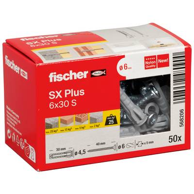 Boîte de chevilles murales en nylon Fischer SX Plus 6x30 S, paquet de 50, avec vis visibles à travers une fenêtre transparente.