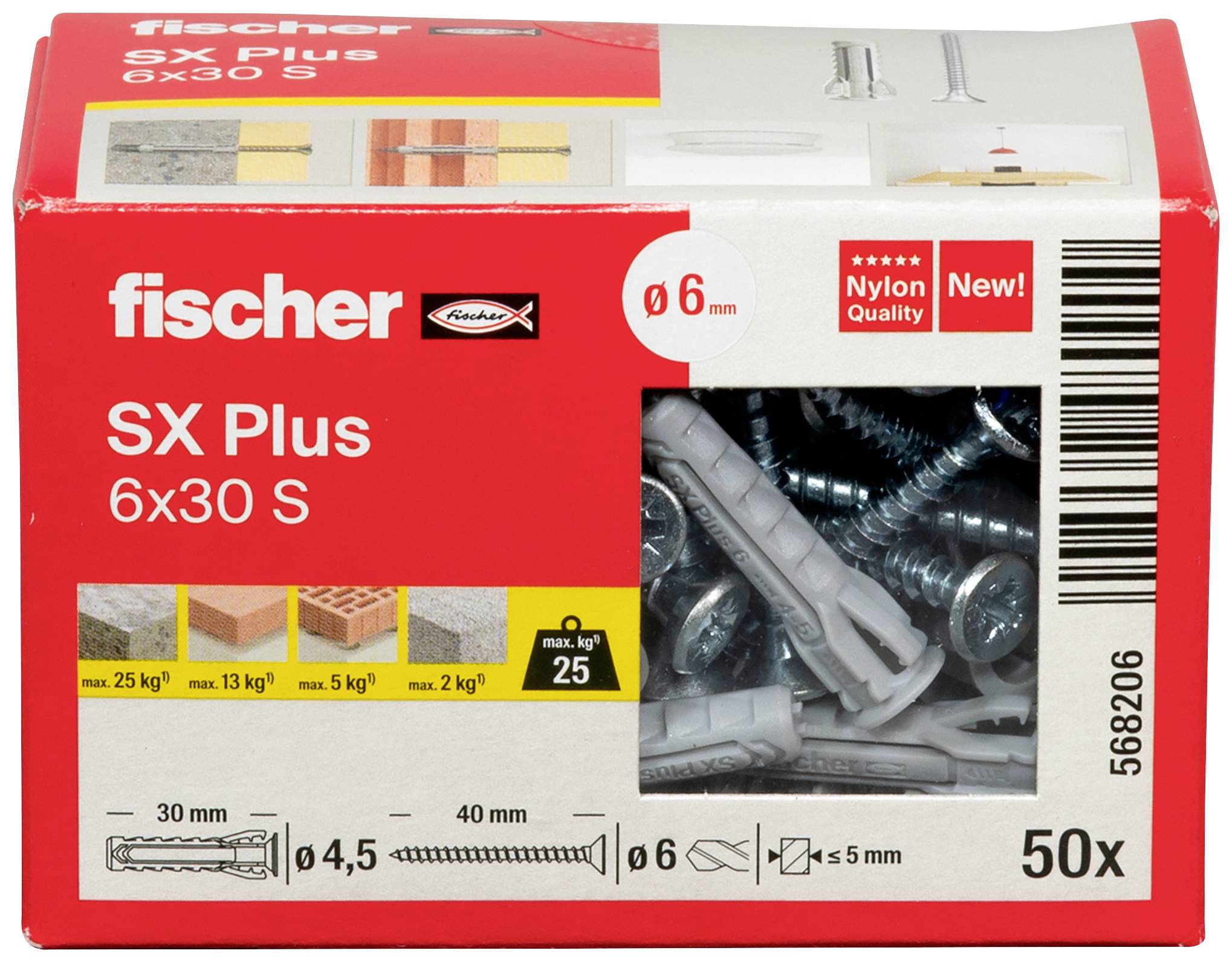 Emballage de chevilles Fischer SX Plus 6x30 S pour une charge maximale de 25 kg en béton, 13 kg en brique, 5 kg en plaque de plâtre. Contient 50 pièces.