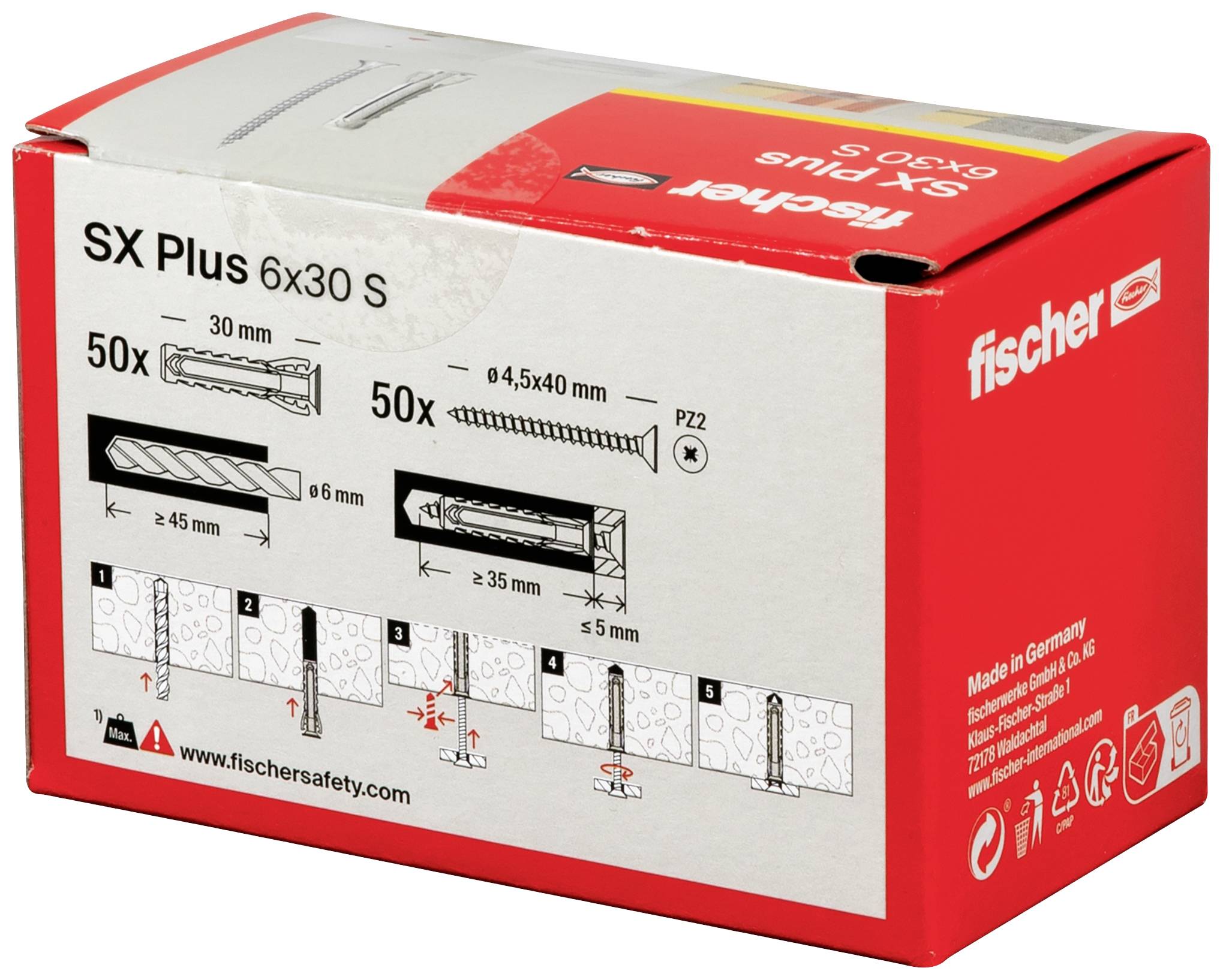 Image d'un boîtier Fischer SX Plus 6x30 S pour vis et chevilles, présentant 50 pièces par taille. Mode d'emploi de montage illustré.