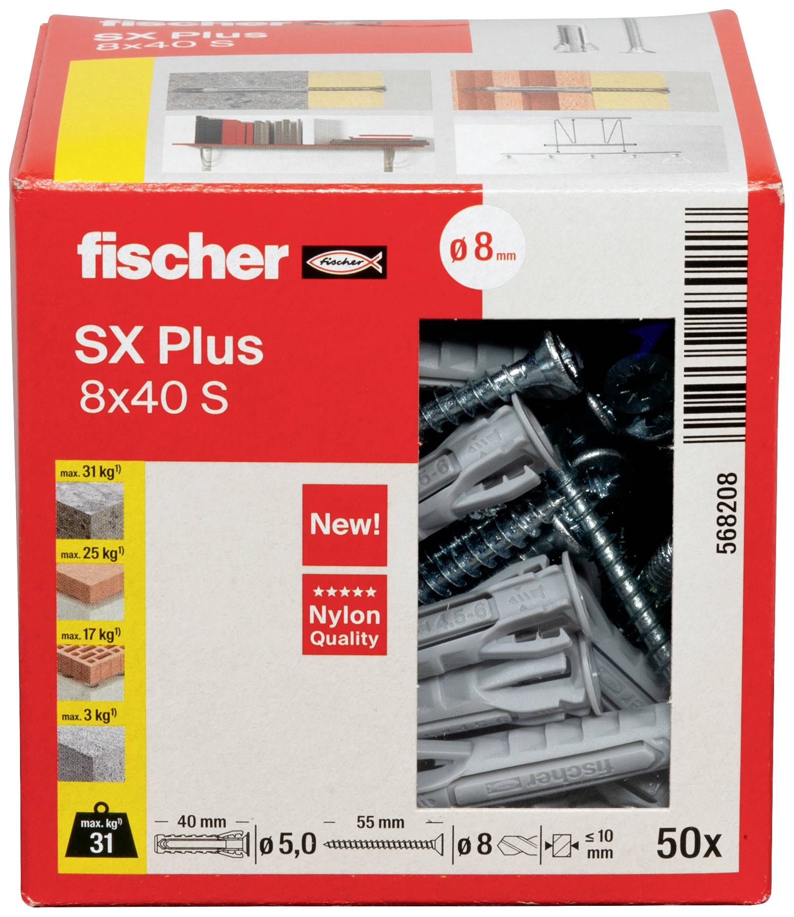 Un paquet de chevilles universelles Fischer SX Plus 8x40 S avec vis. Sur l'emballage figurent les directives de charge et les détails du produit.
