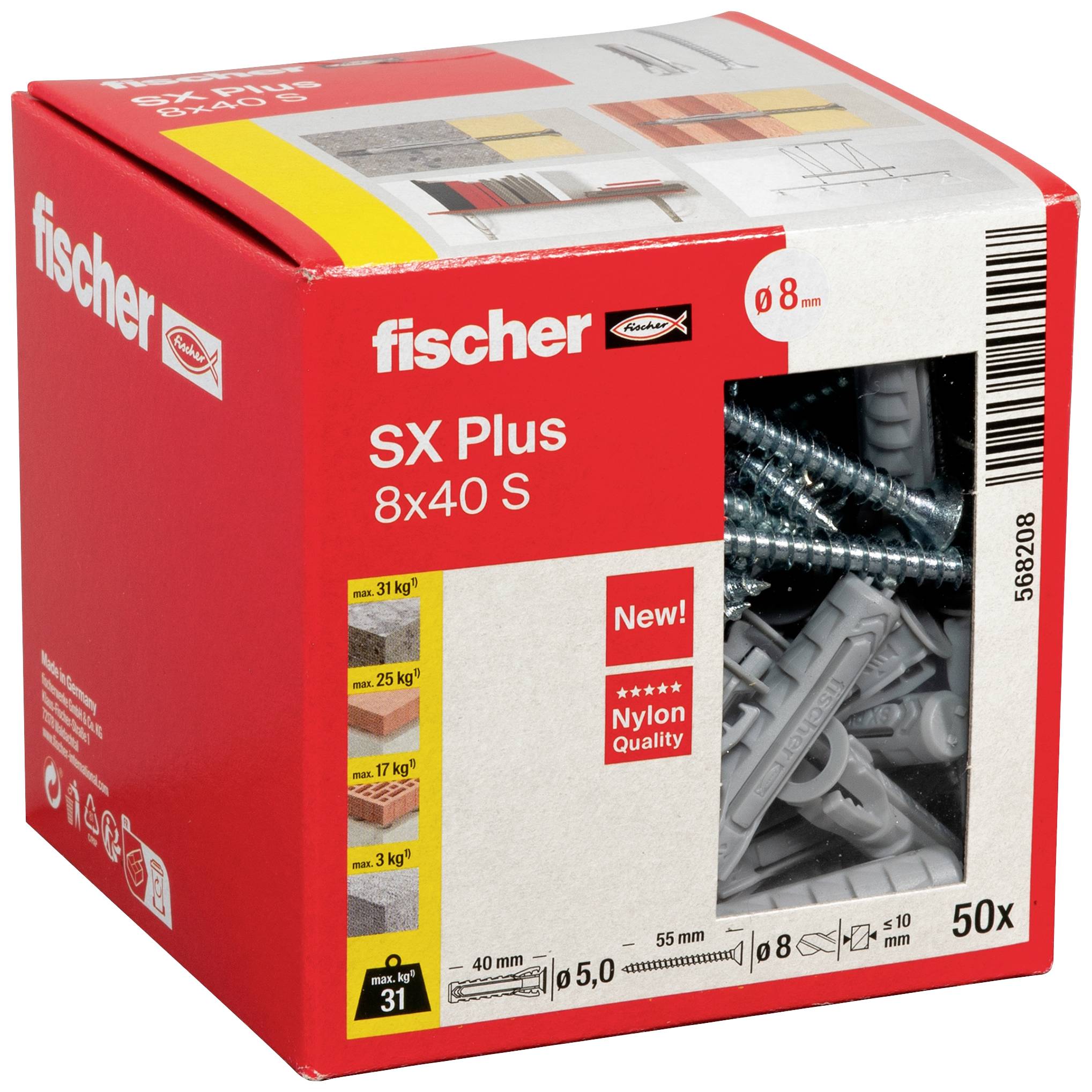 Emballage de chevilles Fischer SX Plus 8x40 S comprenant 50 pièces, illustrée avec les valeurs de fixation et l'indication de qualité du nylon.
