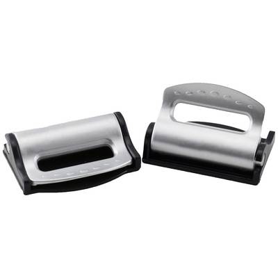 Deux ouvre-lettres en argent avec des poignées noires sont posés côte à côte. Ils ont une forme élégante et sont utilisés pour ouvrir des enveloppes.