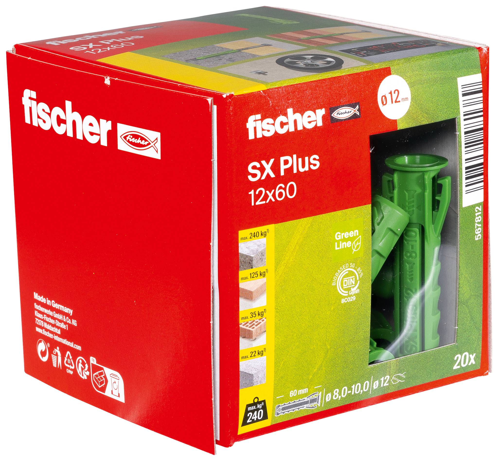 Boîte de chevilles murales Fischer SX Plus 12x60 rouge et verte avec une fenêtre affichant des chevilles vertes, étiquetée « 20x » et « Ø12 mm ».