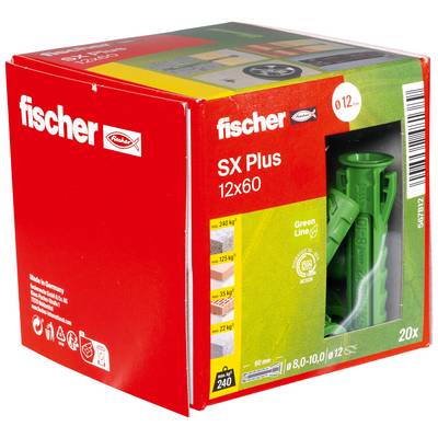 Boîte de chevilles murales Fischer SX Plus 12x60 rouge et verte avec une fenêtre affichant des chevilles vertes, étiquetée « 20x » et « Ø12 mm ».