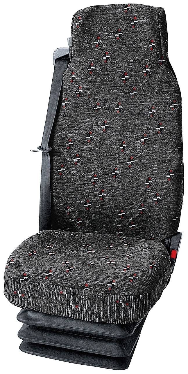 Siège de voiture noir avec un motif gris et rouge, dossier haut et ceinture de sécurité intégrée, monté sur un socle.