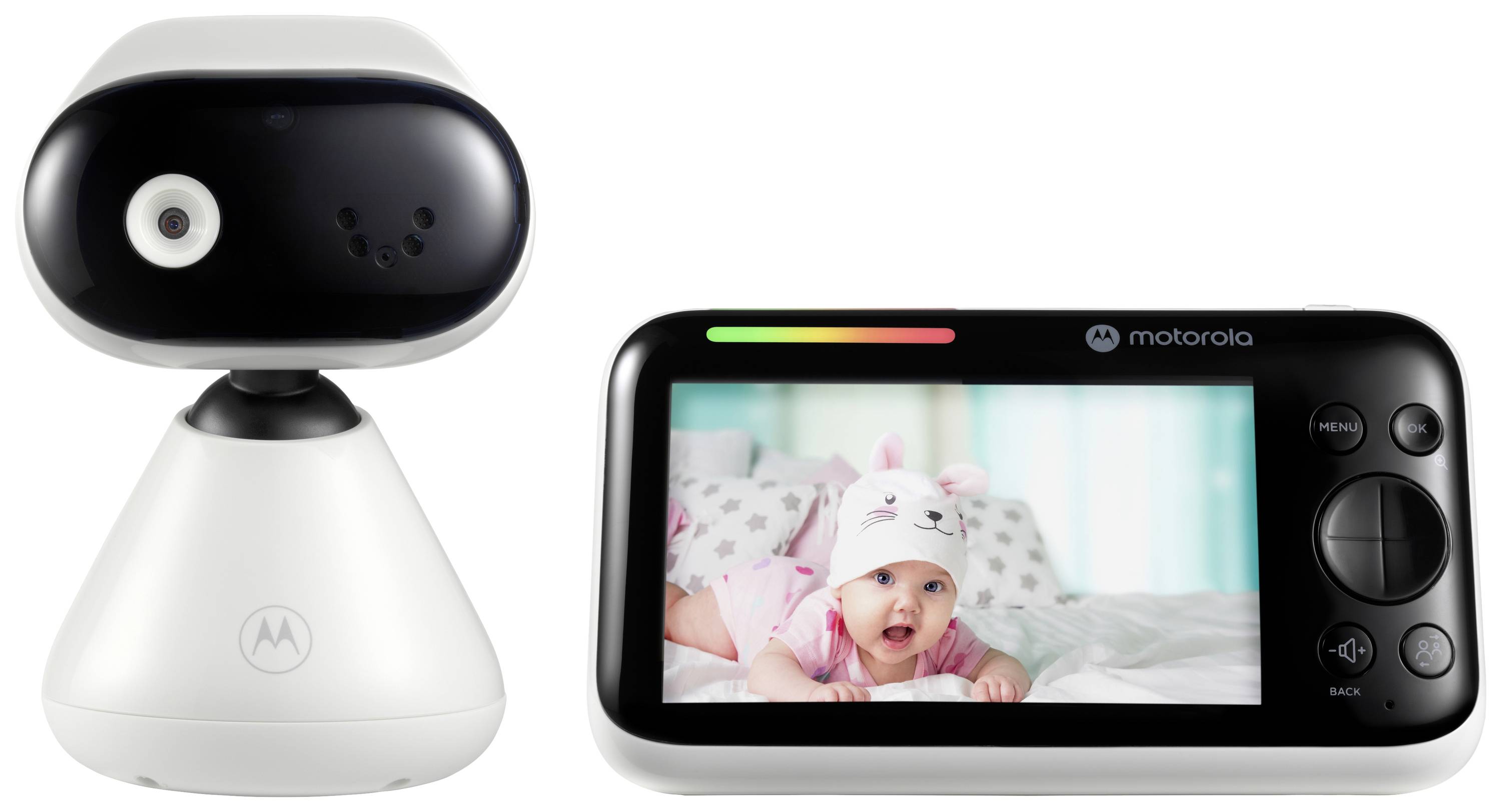 Caméra de surveillance pour bébé sans fil avec moniteur. L'écran affiche un bébé souriant portant un bonnet en forme de lapin.