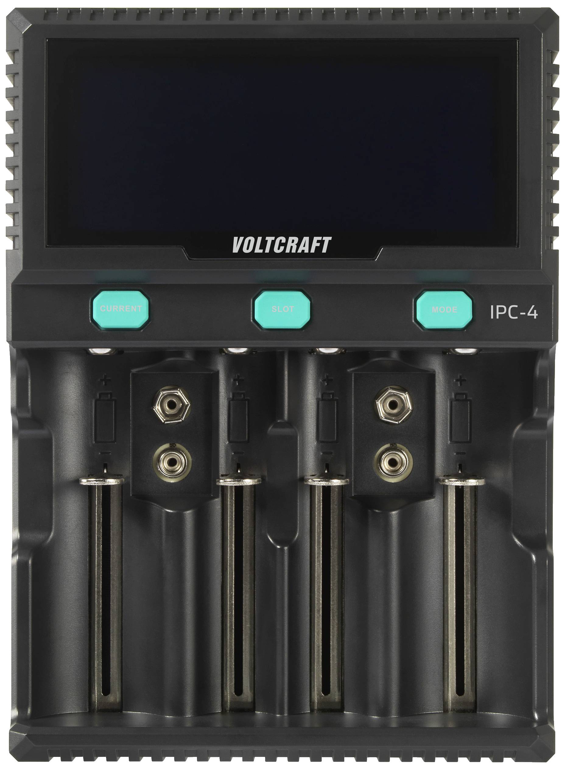 Chargeur avec quatre emplacements de charge, affichage numérique et touches de commande. Nom de marque 'Voltcraft' en haut de l'appareil.