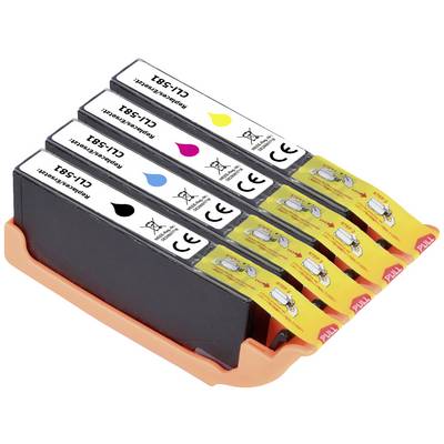 Quatre cartouches d'encre pour imprimante en noir, cyan, magenta et jaune disposées dans un support orange.
