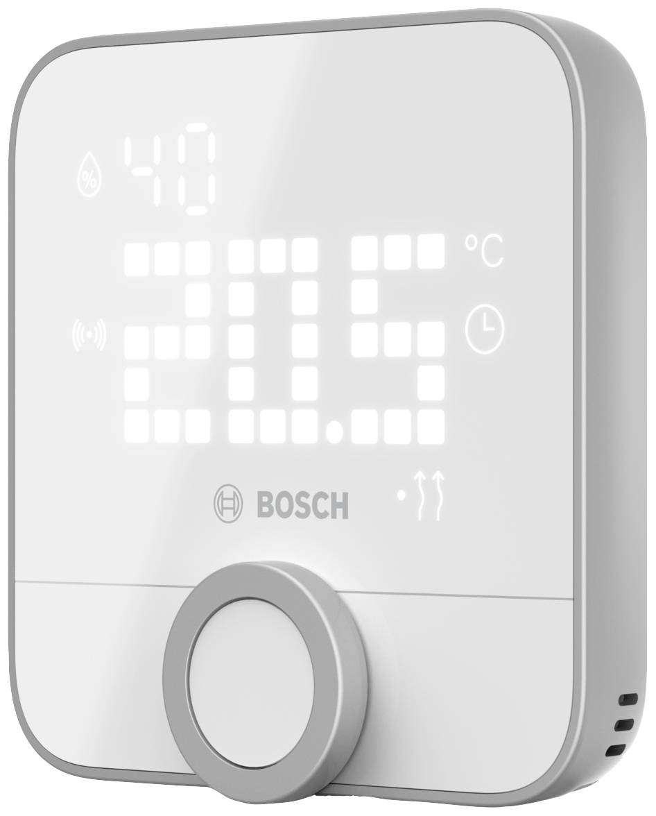 Thermostat numérique affichant une température de 20,5 degrés Celsius. Marque 'Bosch' visible. Bouton rotatif de réglage en bas.