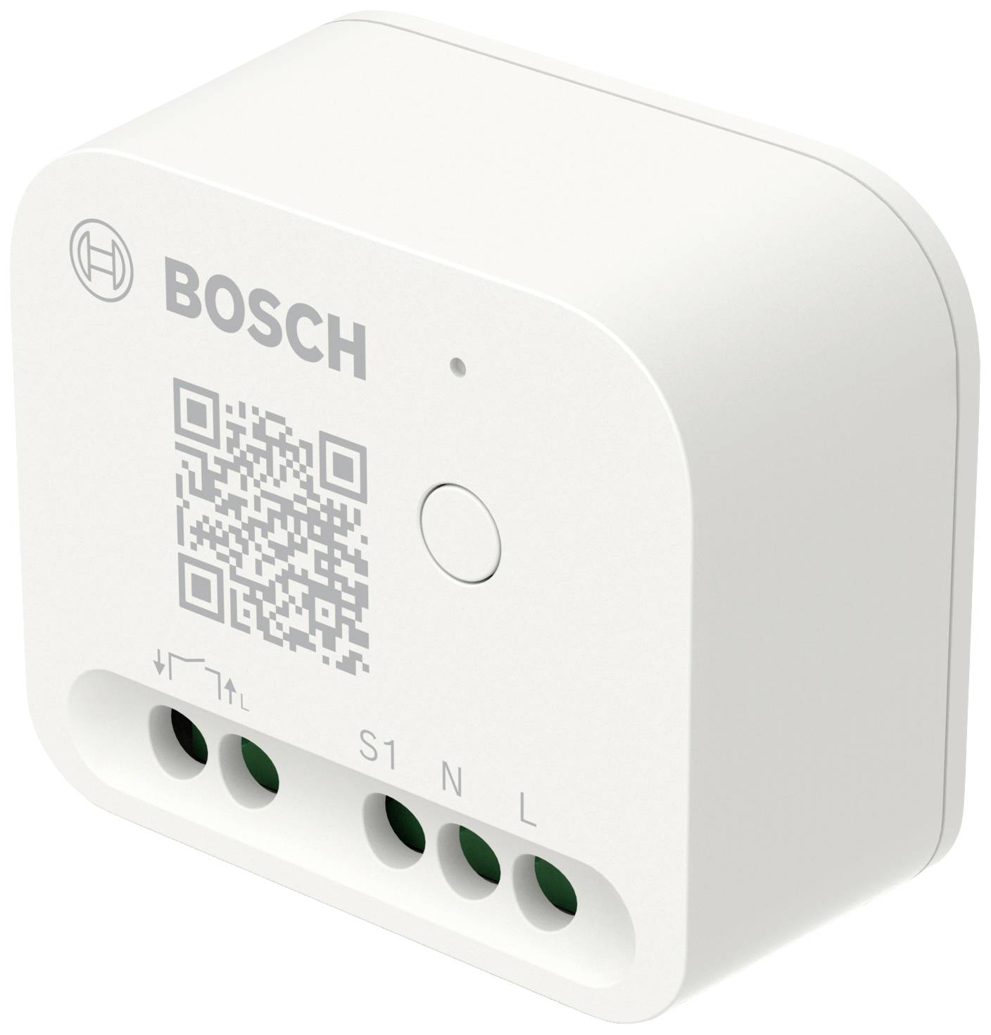 Appareil domotique Bosch avec code QR pour l'installation, connexions visibles.