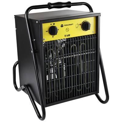 Un chauffage électrique noir avec un panneau de commande jaune et deux boutons rotatifs. Puissance de 9 kW, monté sur un châssis stable.