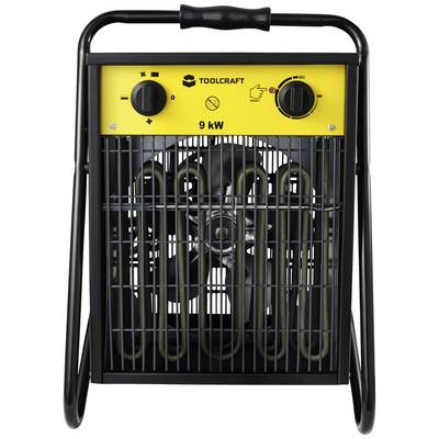 Un chauffage soufflant noir et jaune avec une grille à l'avant. En haut se trouvent des boutons rotatifs pour le réglage de la température et un indicateur de puissance de '9 kW'.