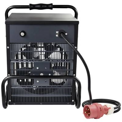Un ventilateur chauffant industriel noir avec câble et fiche rouge, posé au sol. Adapté pour les grands espaces à chauffer.