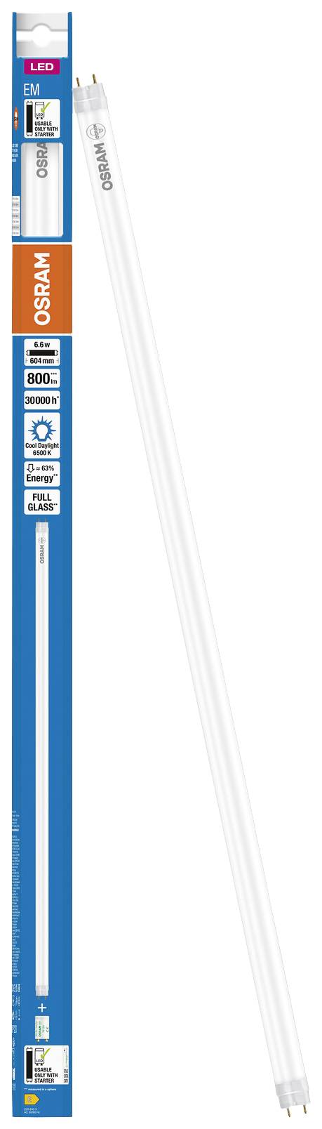 Un tube LED OSRAM avec emballage, 6000 Kelvin, 800 lumens, économe en énergie. Idéal pour un éclairage lumineux à l'intérieur.